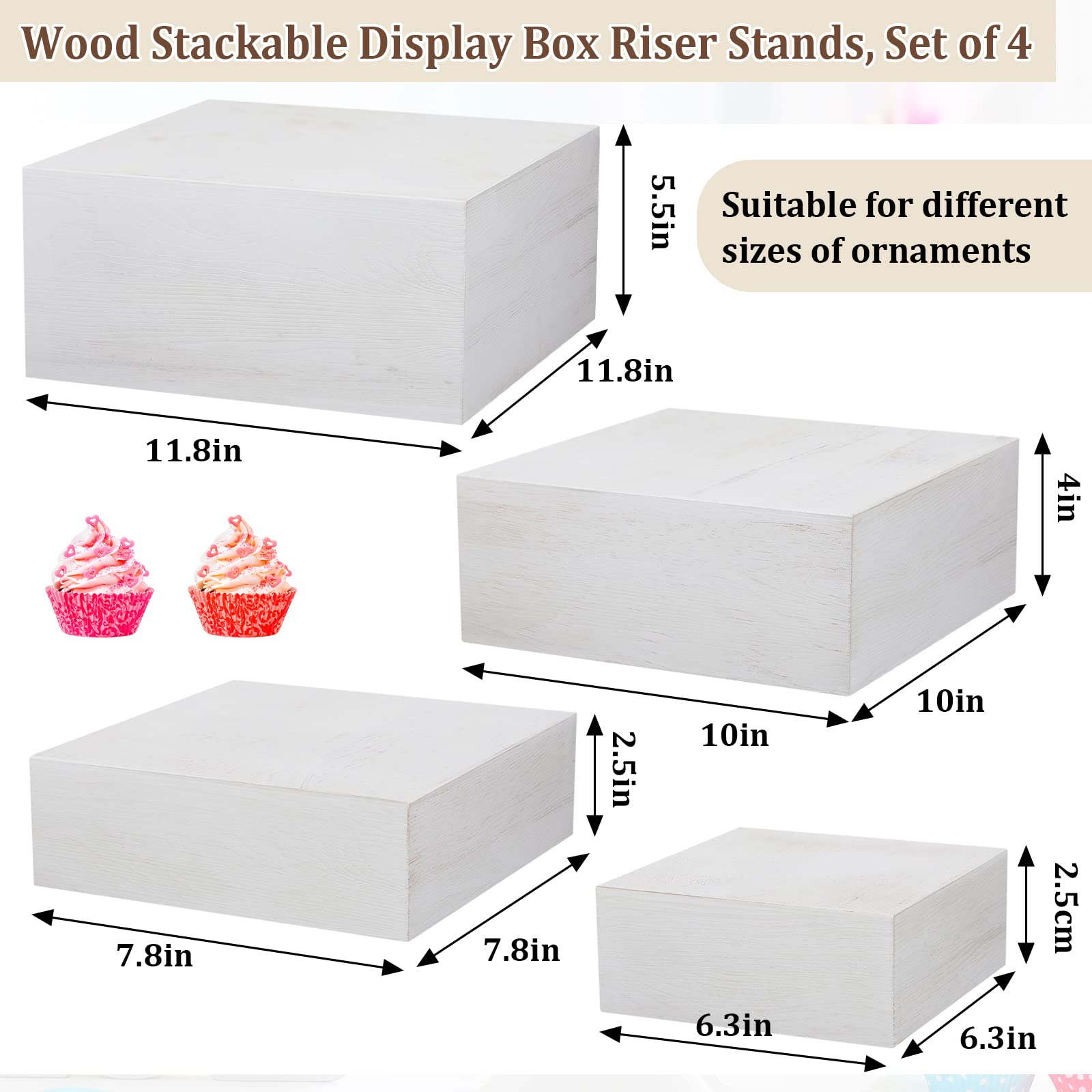 Set Of 4 Wood Display Risers Rustic Cupcake Stand Rustic Wood Cake Stands Wooden Stackable Display Box For Dessert Wedding Birth